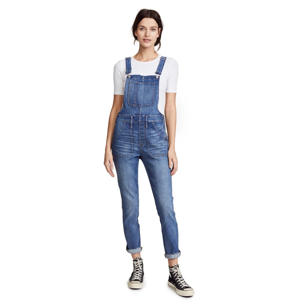 Madewell Stovepipe Denim Overalls XS Slim Straight Leg Medium Wash‎ Raw Hem